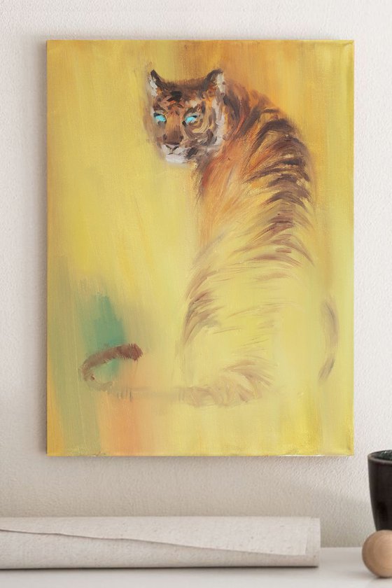 Oil painting Tiger Tiger gaze Yellow Animal Wild cat