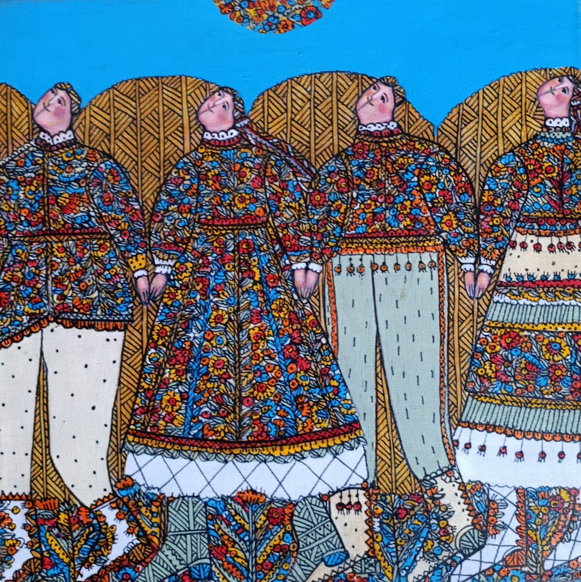 Naive Portrait Acrylic Painting By Tetiana Osadchuk, 12 X 12", Hand In Hand, Original Artwork