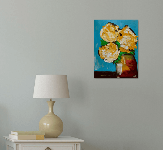 ABSTRACT BOUQUET OF Yellow Roses  #17 ( NAIVE COLLECTION)  palette   knife Original Acrylic painting office home decor gift