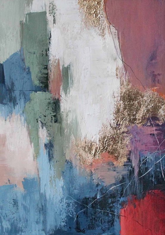 "Pink Brume" Pink blue gold abstract art
