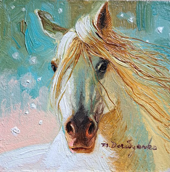 Small painting horse oil art original 4x4 framed artwork