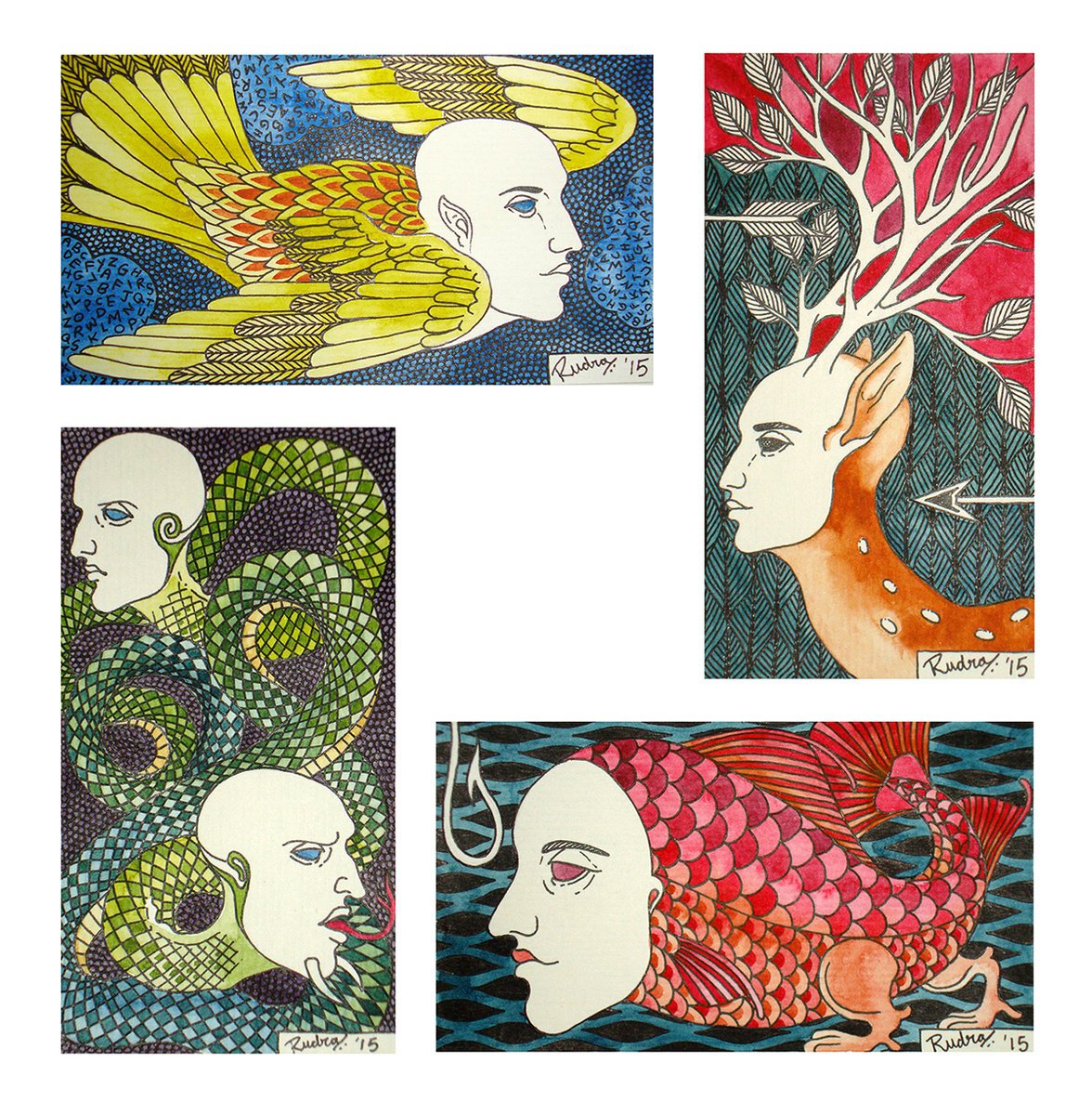 Surrealistic Animal Painting By Rudra Kishore Mandal, 56 X 15", Tiny Deceptions - Group Of 4, Original Artwork