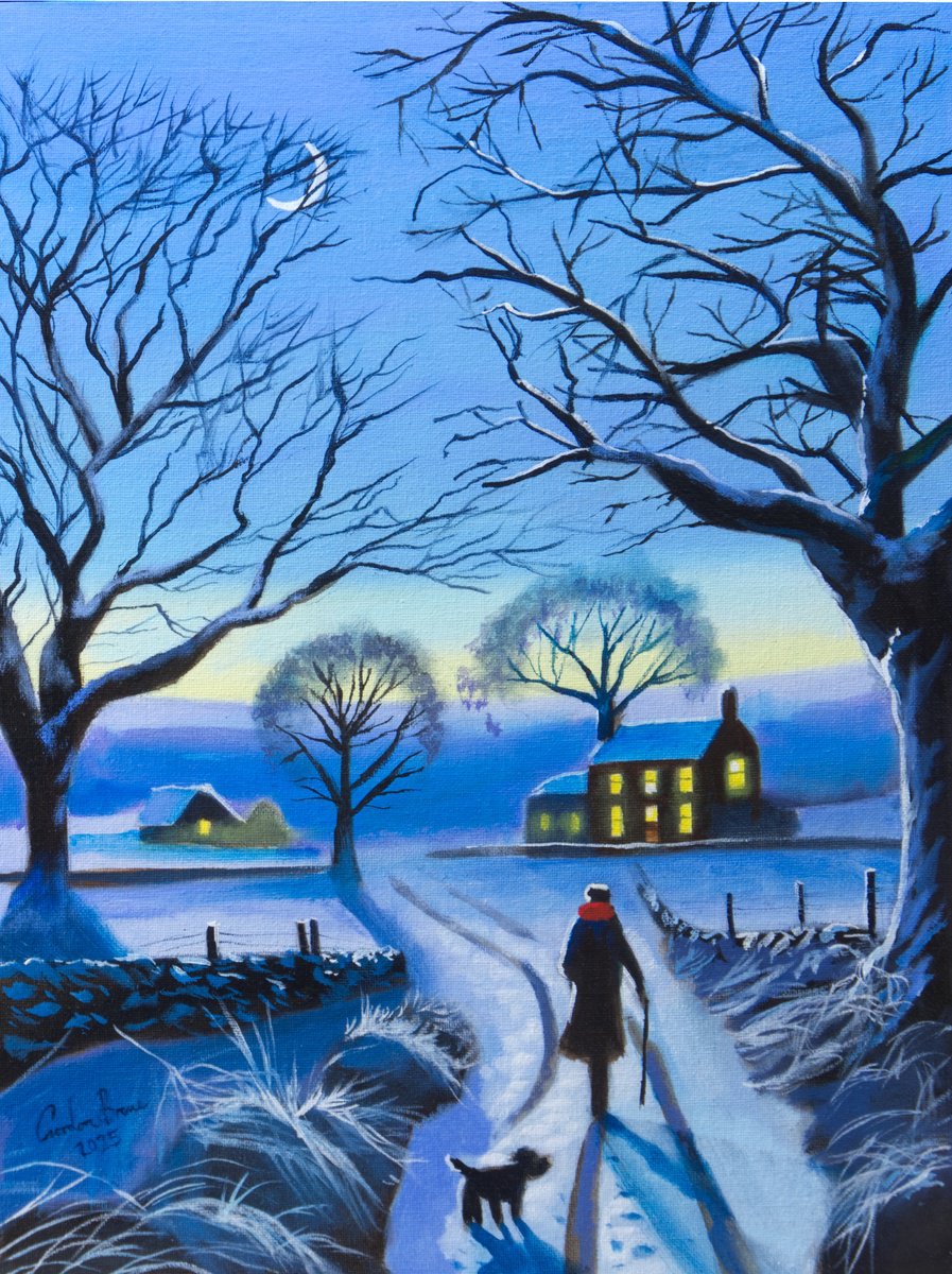 Impressionistic Landscape Oil Painting By Gordon Bruce, 12 X 16, Moonlit Walk, Original Artwork