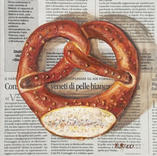 "Pretzel on Newspaper" Original Oil on Wooden Board Painting 8 by 8"(20x20cm) by Katia Ricci