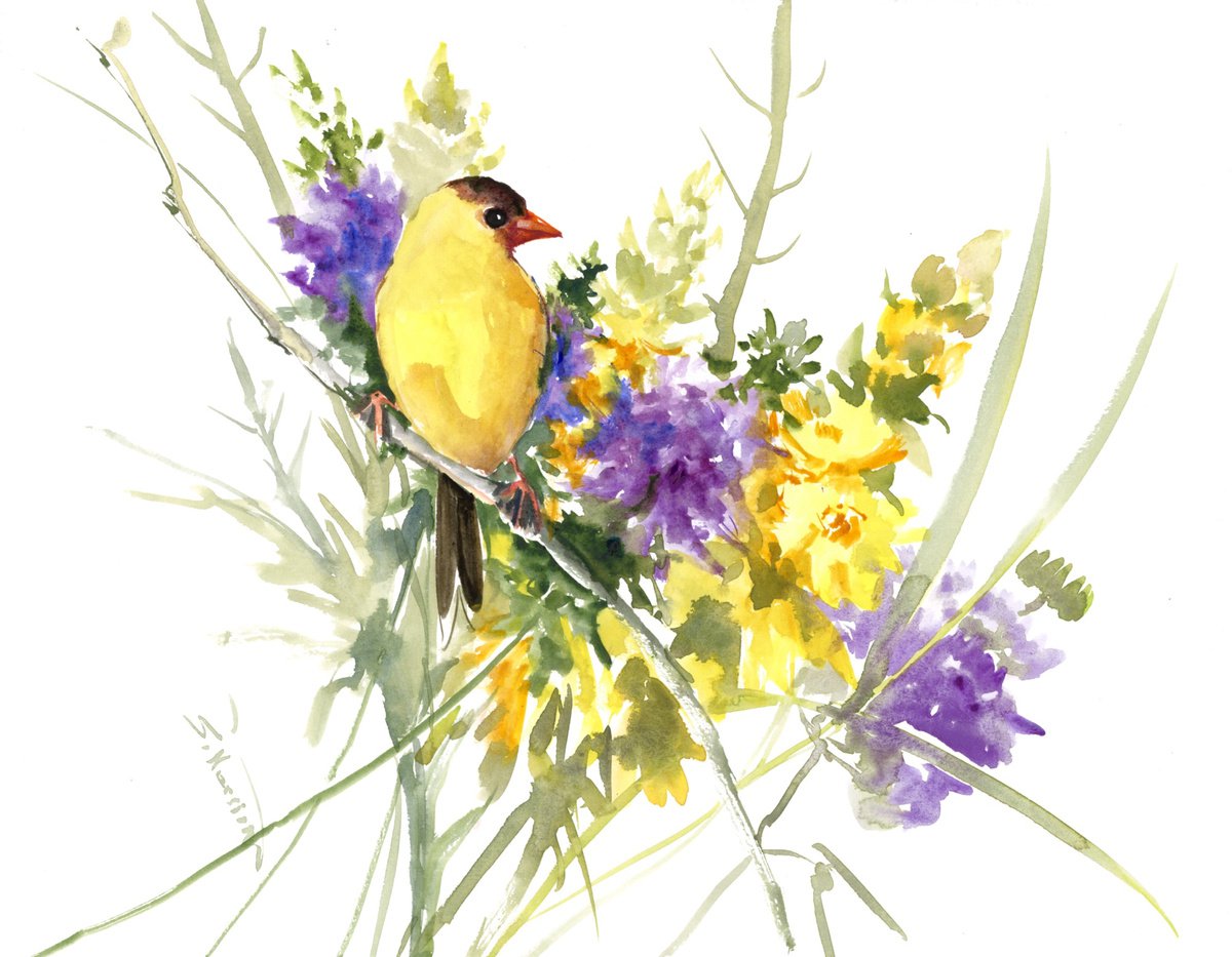 American Goldfinch and Flowers by Suren Nersisyan