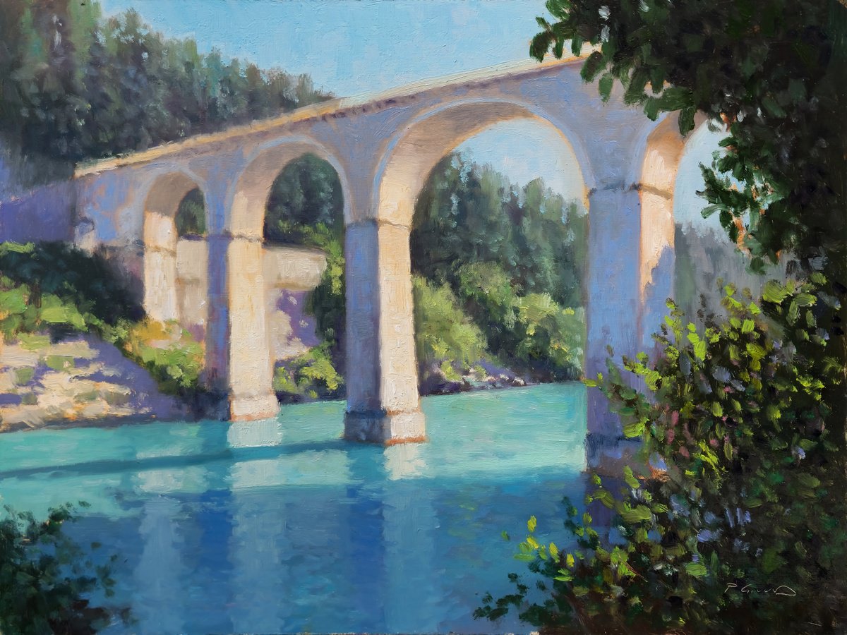 Impressionistic Cityscapes Oil Painting By Pascal Giroud, 16 X 12", Railway Bridge In Sisteron, Original Artwork