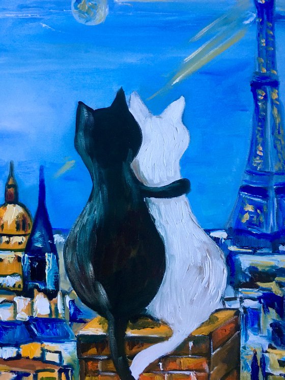 Cats in Paris. Travel to Paris, Parisian roofs , romantic evening.