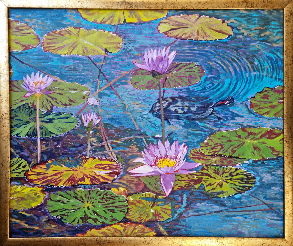 Turtle And Lilies Oil painting by Zulfiya Mukhamadeyeva | Artfinder