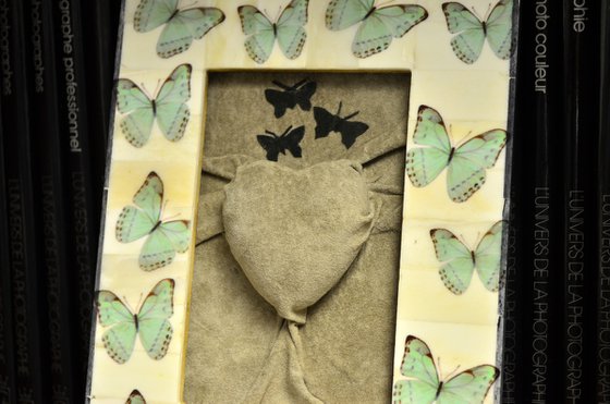 Lovers Heart 45 - Butterflies of Love - Original Framed Leather Sculpture Art Perfect for Gift