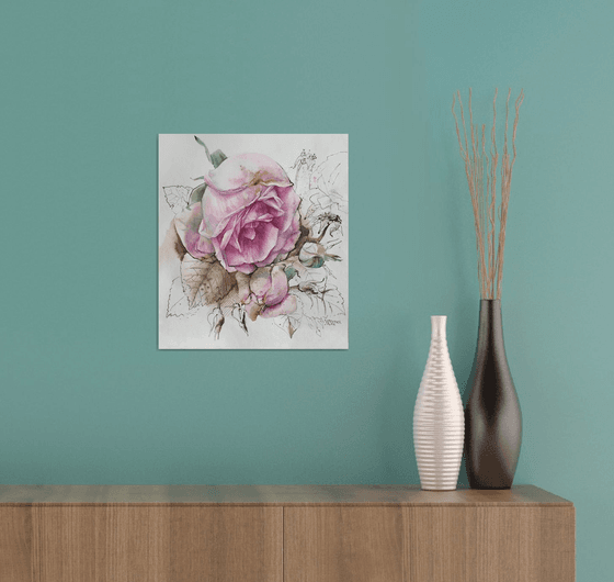 Rosehip. Pink wild rose painting.