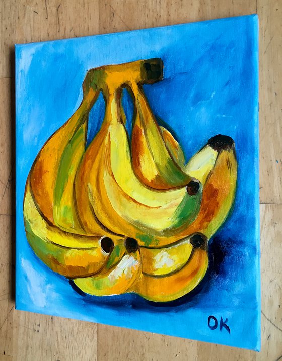 Bananas on  turquoise  Still life. Palette knife painting on linen canvas