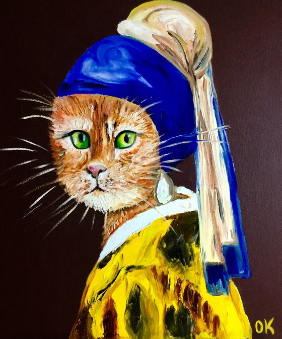 Cat with the pearl earring inspired by Vermeer painting feline art for cat lovers gift idea