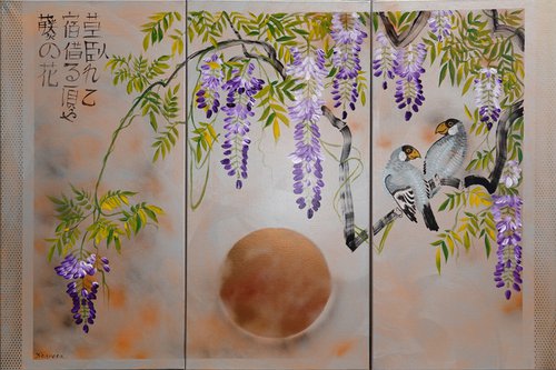 Japanese wisteria and love birds J303 - large orange silver triptych, original art, japanese style paintings by artist Ksavera by Ksavera