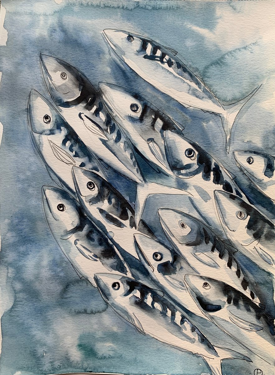 Impressionistic Animal Watercolour By Olga Pascari, 12 X 16", Fish Life, Original Artwork