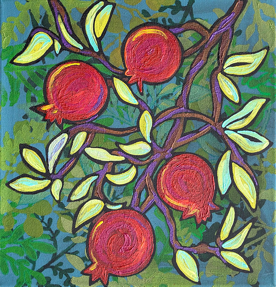 Illustrative Botanical Acrylic Painting By Ariadna De Raadt, 12 X 12, Ripening Season, Pomegranats, Original Artwork