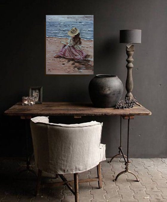" AUTUMN STORY ... "- SKY SEA SAND liGHt  ORIGINAL OIL PAINTING, GIFT, PALETTE KNIFE