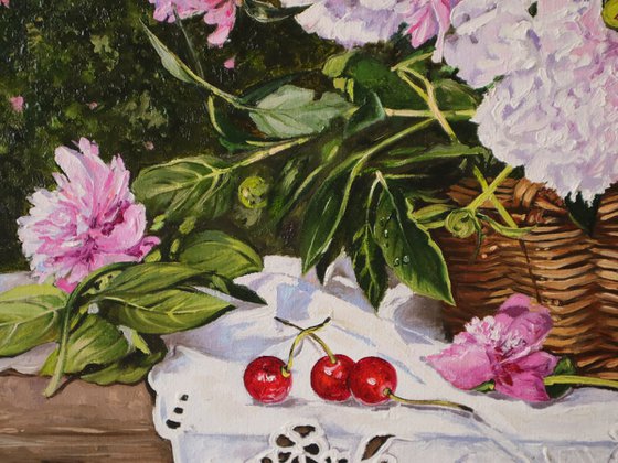 Garden Peonies with Cherries