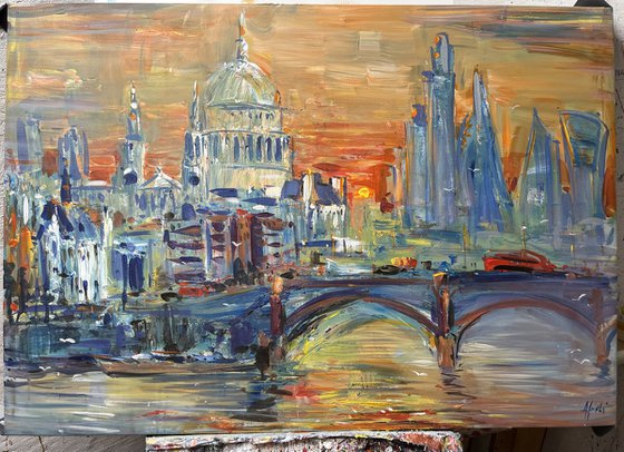 LONDON SUNRISE , abstract impressionist painting 70x100cm