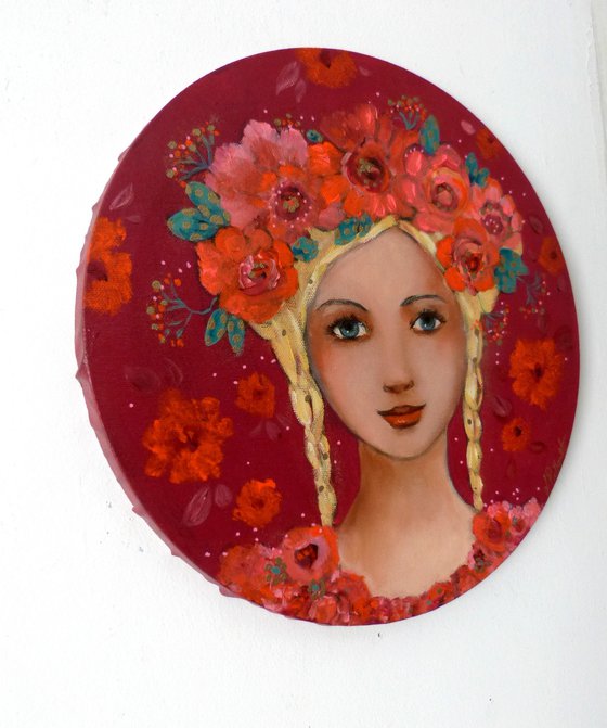 Masha in the garden 30 cm round canvas