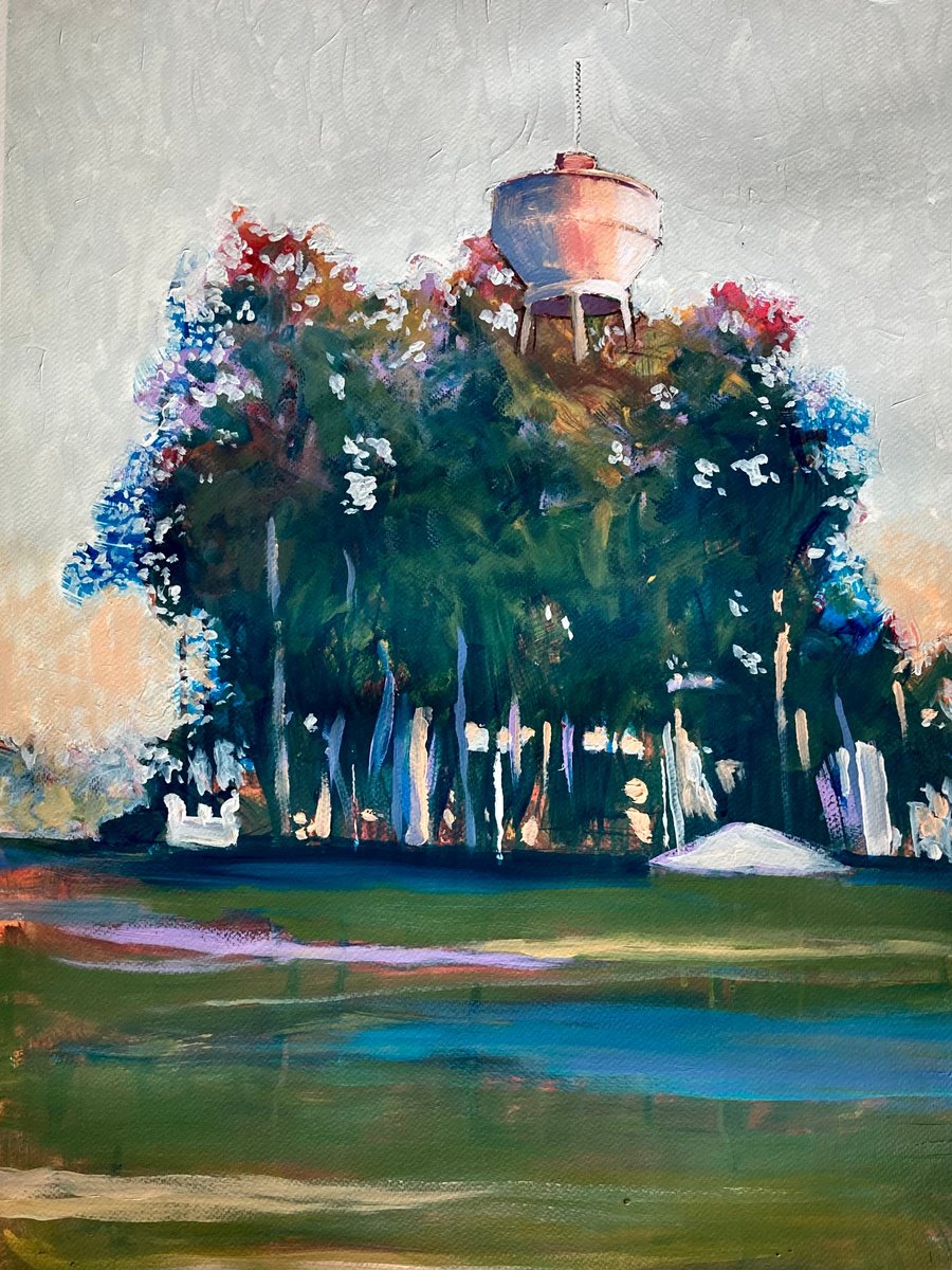 Impressionistic Landscape Acrylic Painting By John Cottee, 22 X 30, Water Tower, Original Artwork