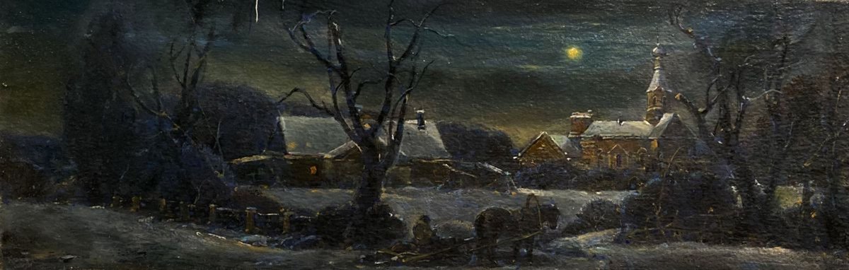 Impressionistic Landscape Oil Painting By Oleg And Alexander Litvinov, 10 X 28", Christmas Night, Original Artwork
