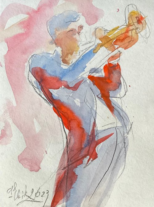 "Trumpet player" (watercolor sketch, 'Jazz by the sea' series) by Irina Bibik-Chkolian