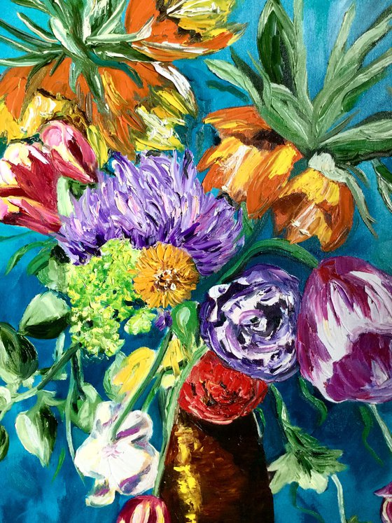 BOUQUET OF FRITILLARIA FLOWERS ON TURQUOISE  tulips, peonies, inspired by VINCENT VAN GOGH . palette knife modern  oil still life painting on blue purple pink yellow Dutch style office home decor gift