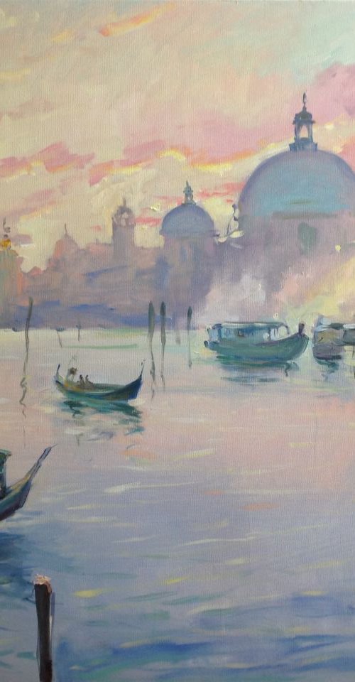 Venice sunset grand Channel cityscape sea sky boats original XXL oil painting by Nataliia Nosyk