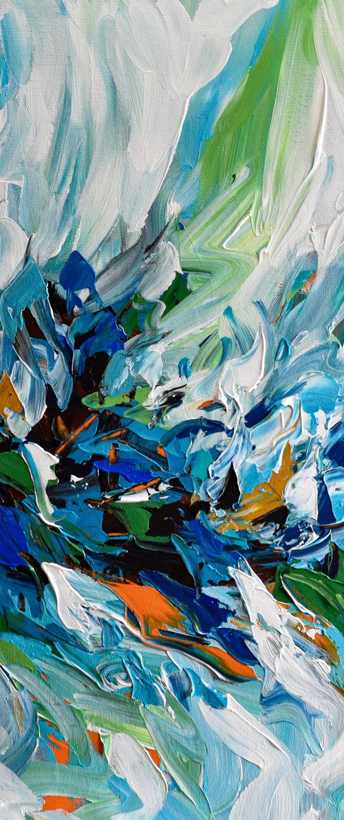 New Beginning - Navy Blue, Orange Abstract Acrylic Painting on Canvas, Aqua Modern Wall Art, Palette Knife by Olga Tkachyk