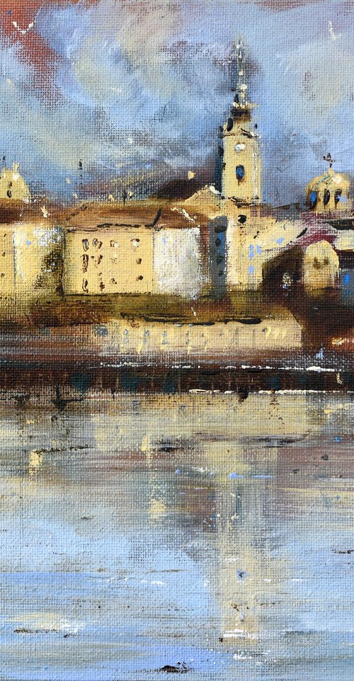 Sunny old Belgrade and Sava river 24x30cm 2021 by Nenad Kojić watercolorist