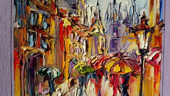 Сolorful umbrellas of Prague, cityscape oil painting, FREE SHIPPING