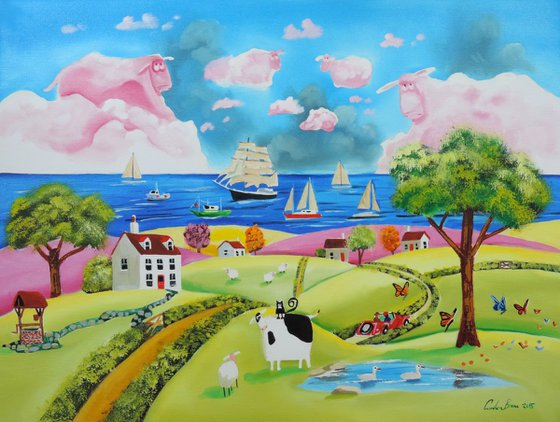 Folk art cow and sheep landscape oil painting