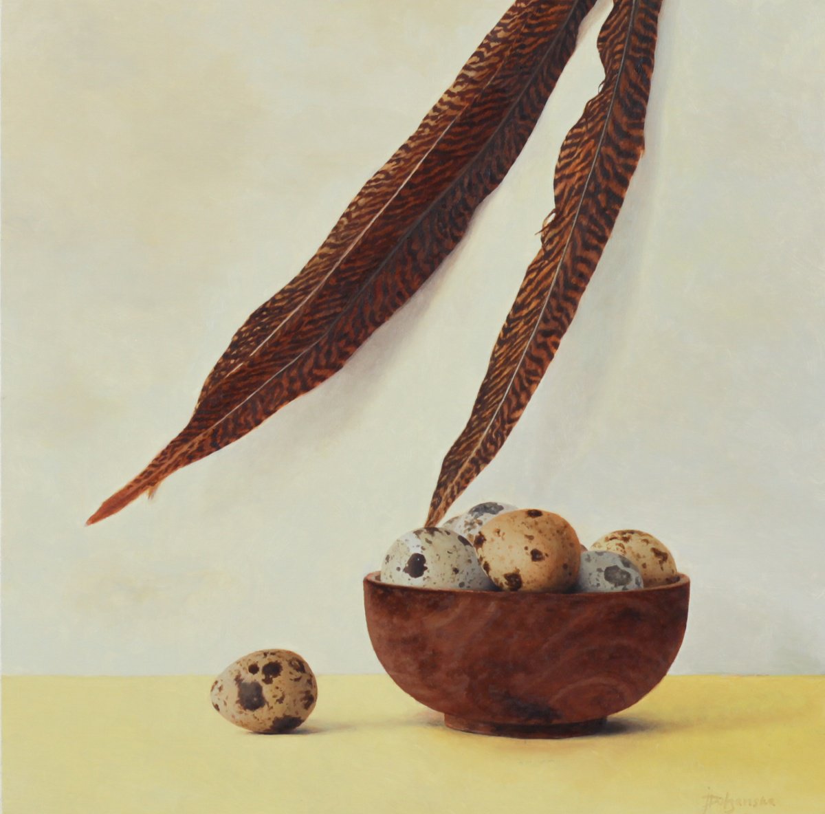 Quail Eggs with Feathers by Iryna Dolzhanska