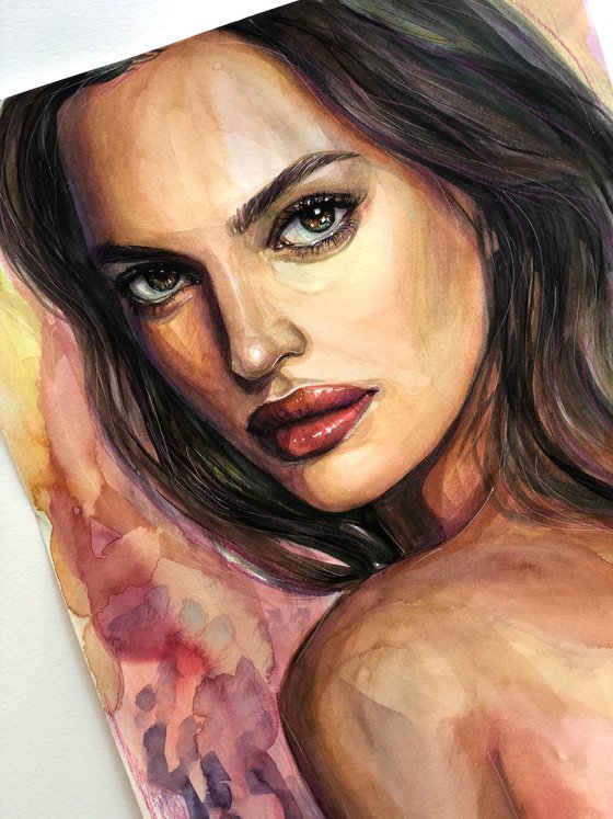 LOOKING BACK, Original Female Portrait Watercolor Painting