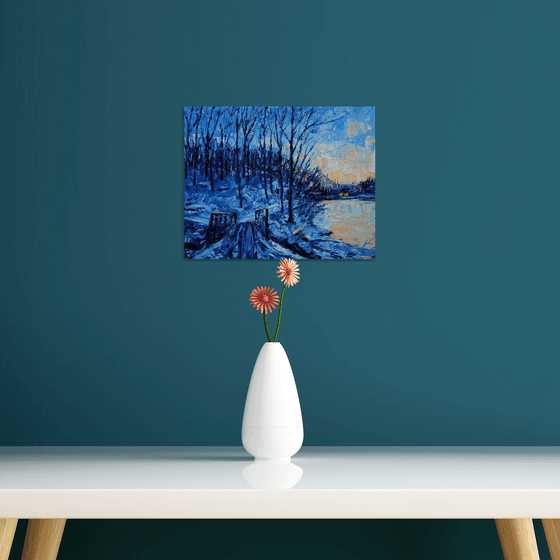 Christmas original oil painting on canvas, Winter twilight forest, snowy landscape, cozy hygge gift