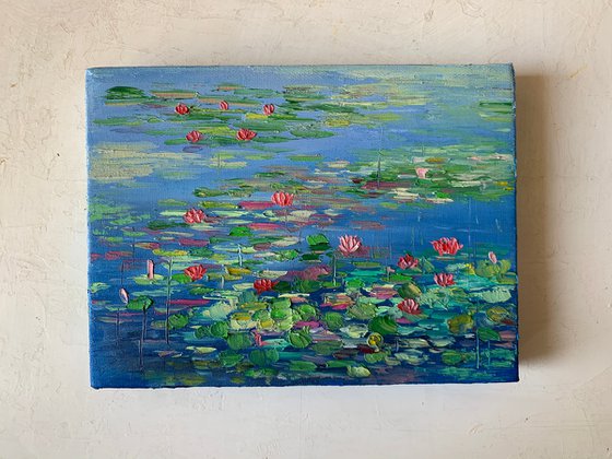 Pink Water lilies pond ! Oil painting on ready to hang canvas