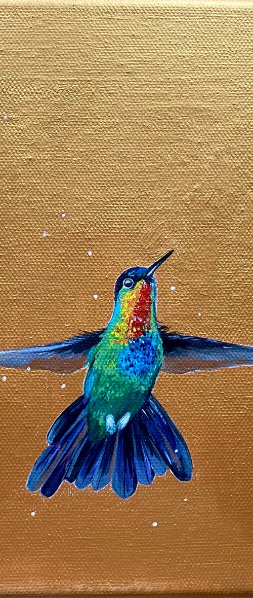 Hummingbird on gold acrylic painting by Bethany Taylor