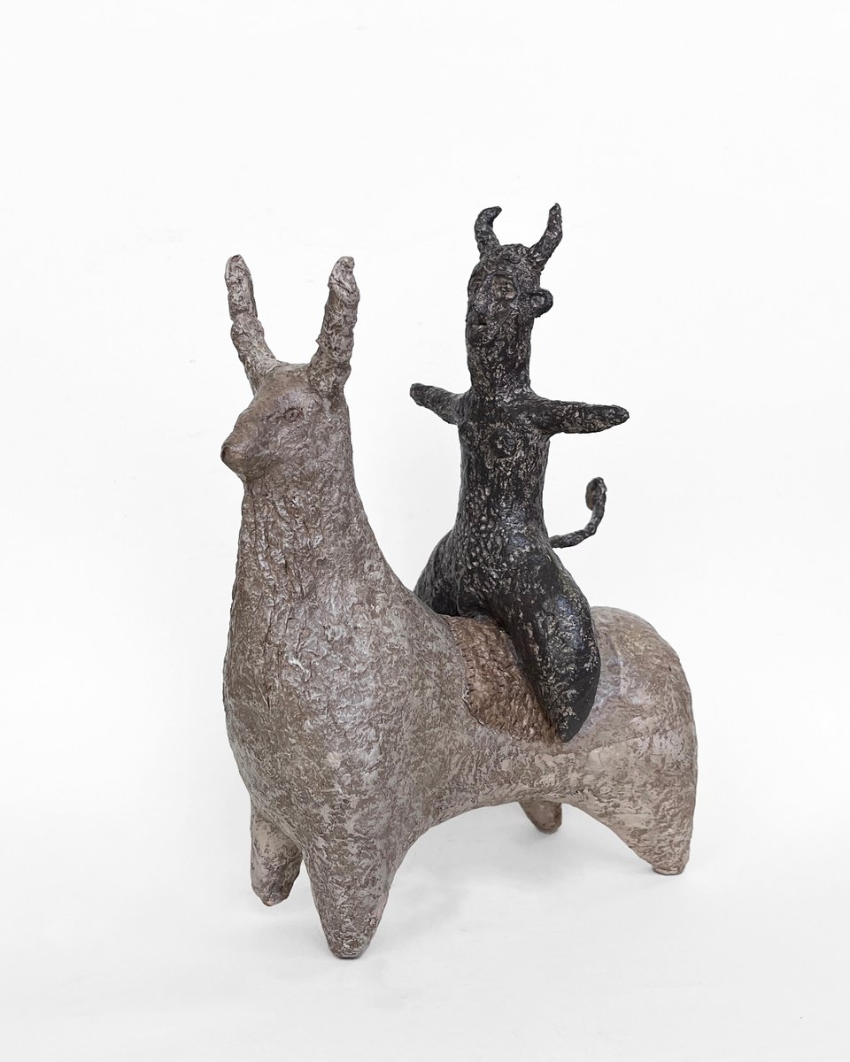 Expressive Animal Sculpture By Sol Vil, 4 X 8", Demon And His Animal, Original Artwork