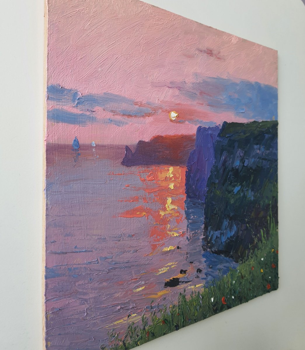 Impressionistic Landscape Oil Painting By Roberto Ponte, 12 X 12", Ireland, Cliffs Of Moher, Original Artwork