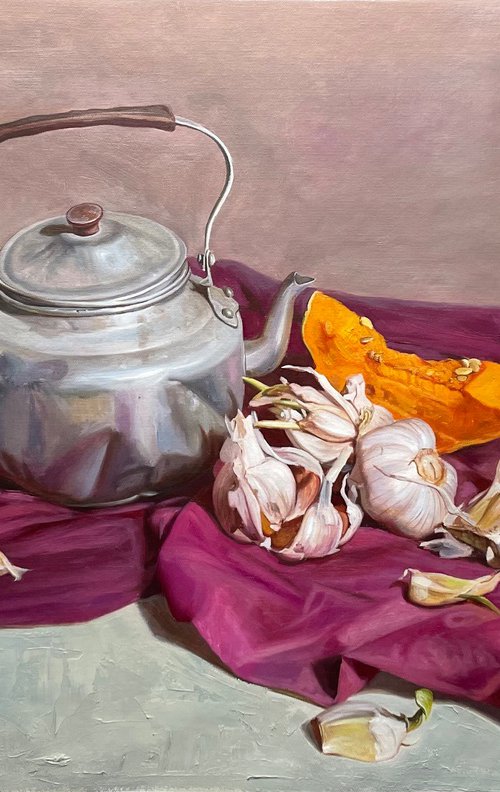 Still life:garlic and teapot on the desk c181 by Kunlong Wang