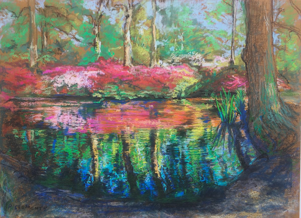 Impressionistic Landscape Pastel Drawing By Patricia Clements, 29 X 22", Isabella Plantation Richmond, Original Artwork