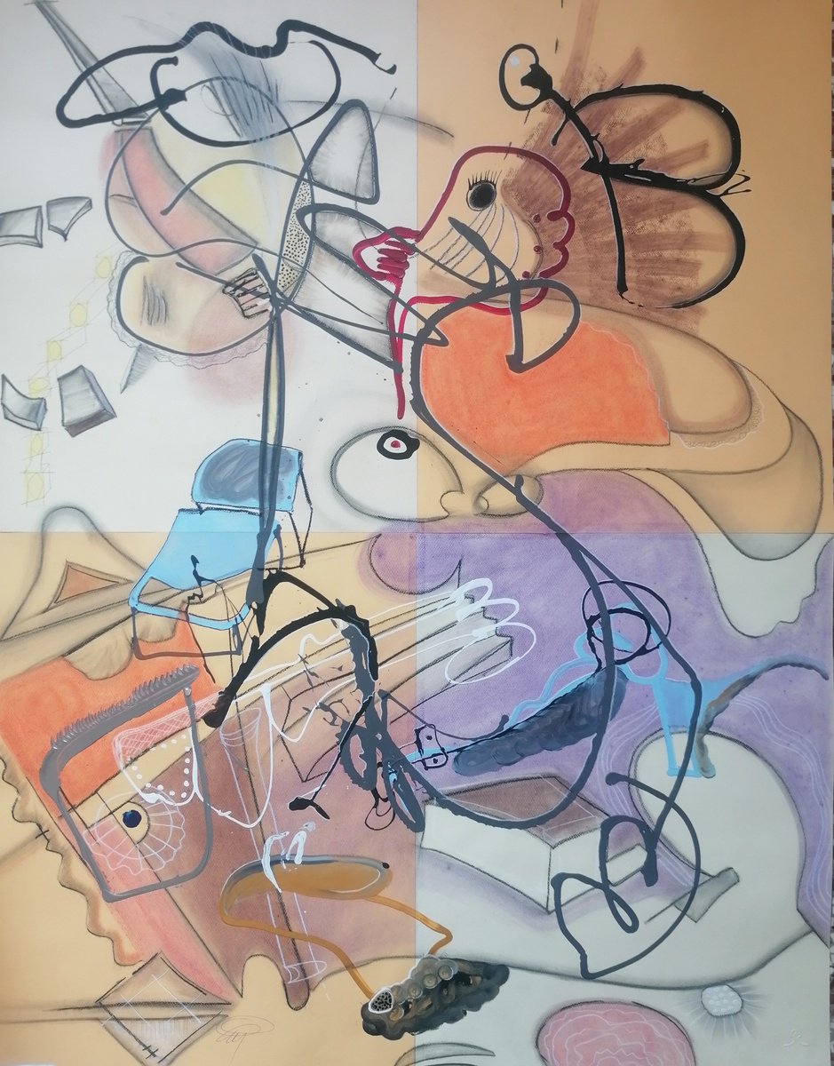 Surrealistic Animal Acrylic Painting By Stefano Mazzolini, 39 X 55", Qgtutu, Original Artwork