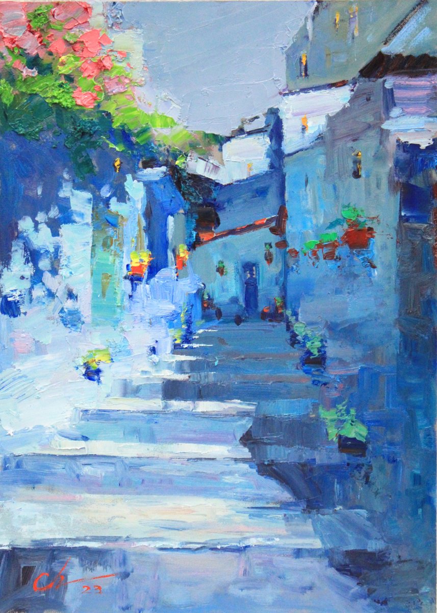 Impressionistic Landscape Oil Painting By Serhii Cherniakovskyi, 14 X 20", Santorini Streets, Original Artwork
