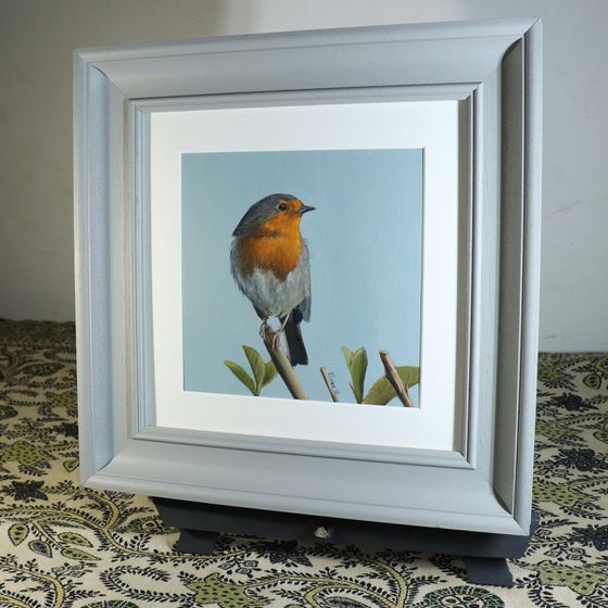 Robin in the Bushes Painting, Bird Artwork, Animal Art Framed