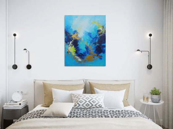 Large Blue and Gold Contemporary Abstract Seascape Painting # 810-61. Textured Landscape