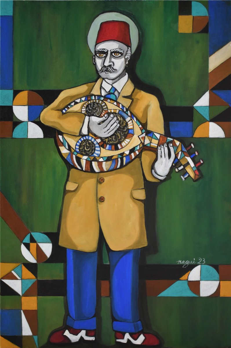 Expressive Portrait Acrylic Painting By Nagui, 24 X 36", Man With Oud, Original Artwork