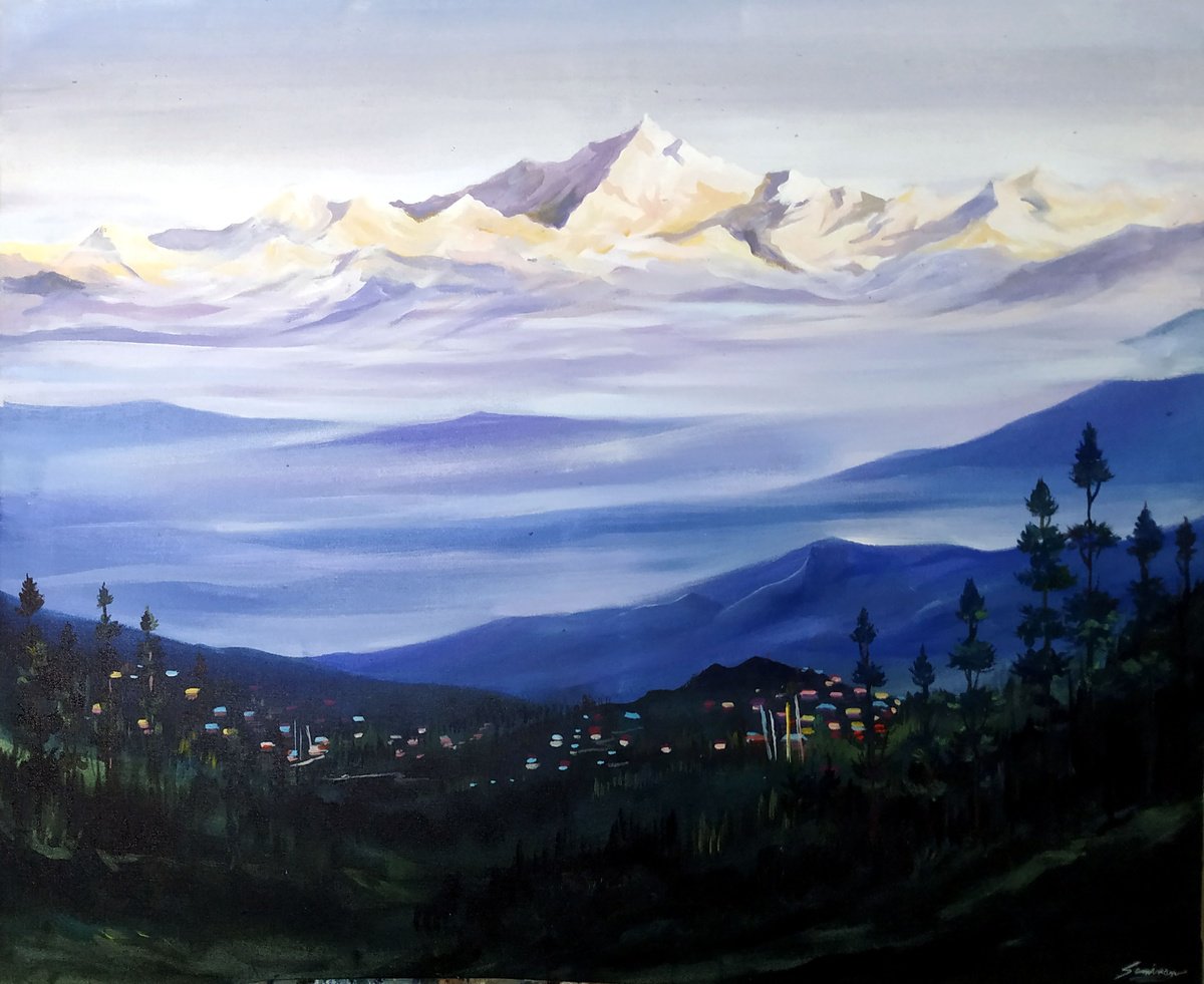Impressionistic Landscape Acrylic Painting By Samiran Sarkar, 32 X 24", Golden Sunrise On Kanchenjunga, Original Artwork