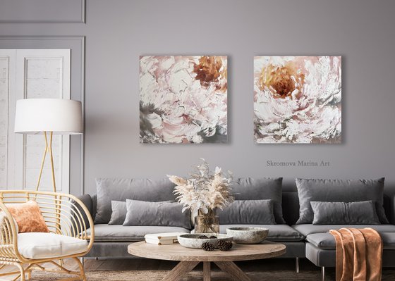 Two abstract white flowers painting