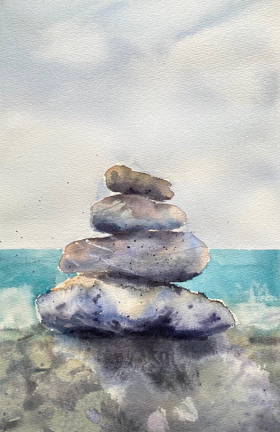 Tower of stones - original watercolor sketch