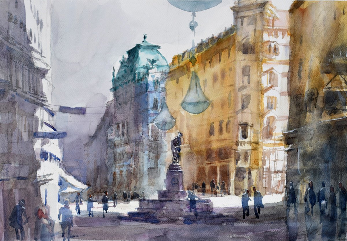 Impressionistic Cityscapes Watercolour By Goran Zigolic Watercolors, 20 X 14, Graben Street , Vienna (Wien), Original Artwork